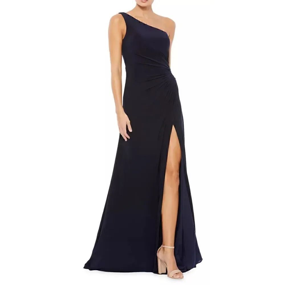 Mac Duggal Jersey Asymmetric One Shoulder Gown in Midnight Navy NWT Size 12